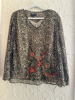August Max Beige and Brown Leopard Print Embroidered V-Neck Blouse